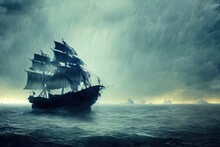 Pirate Ship Navigating During A Storm. Thunder, Rain Big Waves On The Ocean. Black Boat Setting Sails On Rough Water, Sea. Digital Artwork, Painting. 