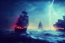 Pirate Ships Fighting During A Storm.