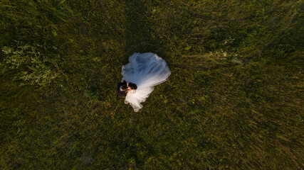 newlyweds are on the green field top view