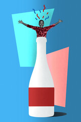 Sticker - Collage photo of young attractive pretty cute nice woman sitting inside big absurd bottle wine celebrating party birthday isolated on painted blue background