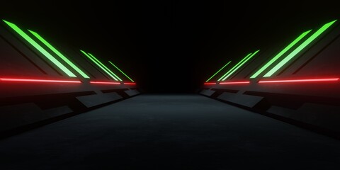 Wall Mural - 3d rendering of spaceship corridor with green red neon glowing background futuristic. scene for adve