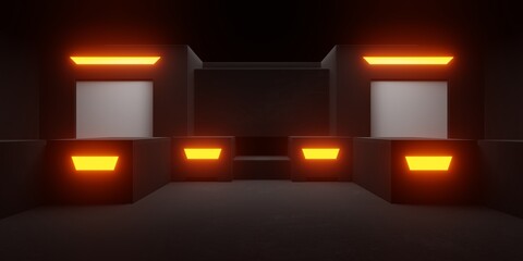 Wall Mural - 3d rendering of spaceship corridor neon glowing orange black background futuristic. scene for advert