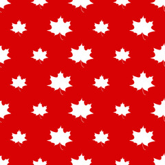 Wall Mural - White maple leaves silhouette on a red background seamless pattern