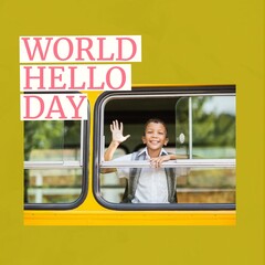 Sticker - Composition of world hello day text with biracial schoolboy waving from school bus