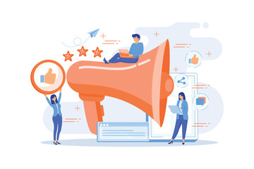 Poster - users with like and share icons and megaphone. like comment share giveaway, social networks promotio
