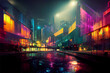 Abstract neon mega city with light reflection. generative ai