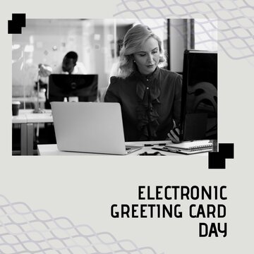 Composition of electronic greeting card day text over diverse business people using computers