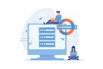 Poster - tiny people programmers with laptops save data on backup server with lifebuoy. backup server, online