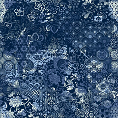 Wall Mural - Traditional Japanese blue fabric patchwork wallpaper grunge abstract vector  seamless pattern 