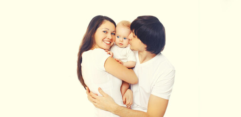 family portrait of happy mother and father kissing baby on white background