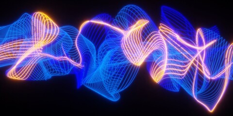 Wall Mural - Set of glowing blue and orange twirling mesh array lines on black background, abstract modern data visualisation, science, research or business datum concept