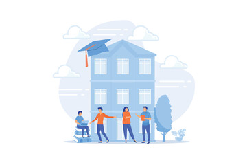 Students interacting with each other, making friends at university. College campus tours, university campus events, on-campus learning concept. flat vector modern illustration