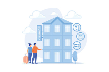 Wall Mural - Cheap inn, affordable guesthouse. College dormitory, motel check in. Hostel services, lower priced accommodation, best hostel facilities concept. flat vector modern illustration