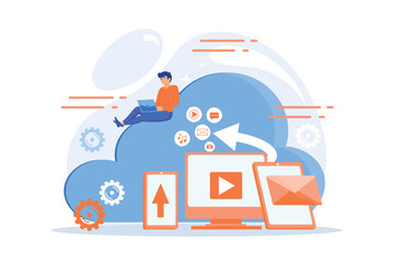 Poster - digital devices and businessman with laptop on cloud using iaas. cloud based engine, infrastructure 