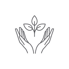 Wall Mural - Hand and Plant icon design. plant leaf Pictogram. seed and hand linear logo. Tree in hand vector. Vector illustration