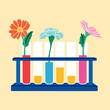 Coloring flowers research paper on biology in flat style. Vector simple line cartoon illustration, test tubes, dye, plants, experiment, artificial method, transpiration, petals, chemistry.