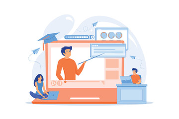 Poster - digital devices and businessman with laptop on cloud using iaas. cloud based engine, infrastructure 