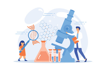 Poster - A girl with magnifier and scientist carry out an experiment, tiny people. Kids Science camp, young scientists lessons, kids laboratory tests concept. flat vector modern illustration