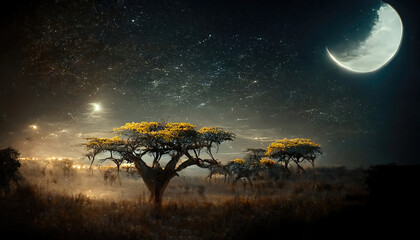 Sticker - Night landscape. Starry sky in the savannah