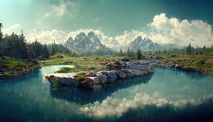 Aufkleber - Landscape with lake, snowy mountains, green grass and blue sky.