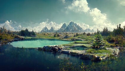 Aufkleber - Blue sky over snowy mountains, mountain lake with green grass on the banks, coniferous trees.