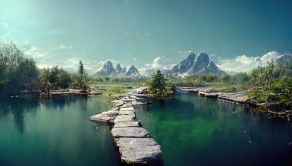 Canvas Print - Mountains with a pond. Wooden pier under blue sky.