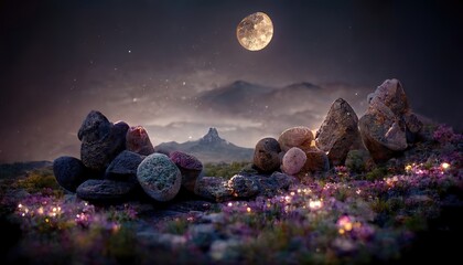 Poster - Starry sky with full moon in the night sky, mountain valley with shimmering rocks and stones in the dark