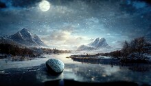 Winter Nature With Snow And Rocks And Reflection Of The Night Sky In The Water At Night