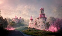 Pink Castle On A Rock With Trees By The Sea Early In The Morning.