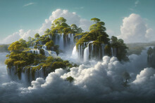 Floating Island Above The Clouds Landscape Illustration