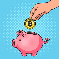 hand throwing bitcoin coin into piggy bank pop art retro raster illustration. Comic book style imitation.