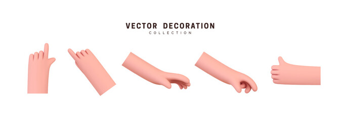 Hands set of realistic 3d design in cartoon style. Hand shows different gestures signs. Vector illustration