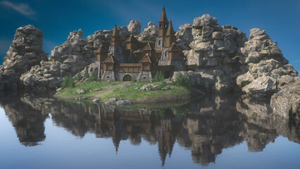 Poster - Medieval fantasy castle in a rocky landscape on the edge of a lake. 3D rendering.