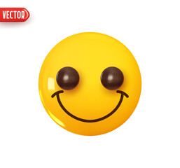 Poster - Emoji face smile of joy. Emoticon yellow glossy color. Realistic 3d design In plastic cartoon style. Icon isolated on white background. Vector illustration