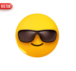 Poster - Emoji face is cool in sunglasses. Emoticon yellow glossy color. Realistic 3d design In plastic cartoon style. Icon isolated on white background. Vector illustration