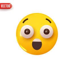 Poster - Emoji face surprised. Emoticon yellow glossy color. Realistic 3d design In plastic cartoon style. Icon isolated on white background. Vector illustration