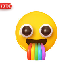 Poster - Emoji face joyful happy spews a rainbow from the mouth. Emoticon yellow glossy color. Realistic 3d design In plastic cartoon style. Icon isolated on white background. Vector illustration