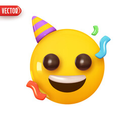 Poster - Emoji face joyful happy birthday party. Emoticon yellow glossy color. Realistic 3d design In plastic cartoon style. Icon isolated on white background. Vector illustration