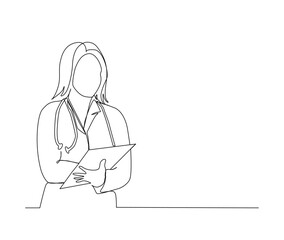 Continuous line drawing of woman doctor holding patient paper document with stethoscope. Single line art of health care concept - Vector illustration.