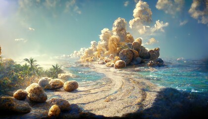 Poster - Sea coast, with azure water, palm trees and blue sky with fluffy clouds.