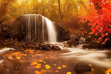 Poster - Waterfall with rapidly flowing water over the rocks in the autumn forest. River under the rays of light and fallen orange leaves