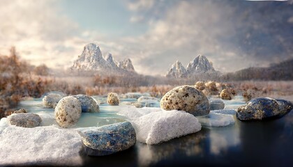 Poster - Winter mountains and a frozen pond. Blue skies above frozen ice.