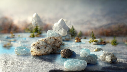 Poster - Winter landscape of a frozen river with ice floes under a blue sky