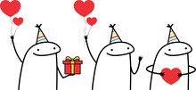 Meme Internet: Flork Pack Happy Birthday. Ballon Heart. Gift Surprise And Love. Vector Stkech. Comic Drawing.
