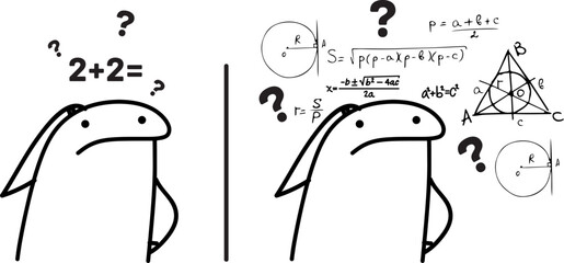 Meme internet. Flork: Confused in a math calculation. Simple calculation: you don't know the result. Difficult calculation, also do not know. Vector stkech. Comic drawing.