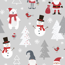 Christmas Seamless Pattern With Santa Claus, Scandinavian Gnome, Snowman, Polar Bear, Christmas Tree And Snowflakes. Flat Style.
