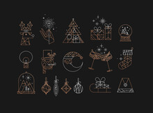 Set Of Сhristmas Icons Drawing In Art Deco Vintage Style On Dark Background