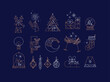 Set of Сhristmas icons drawing in art deco line style on blue background