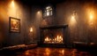 Fireplace ambience, brick wall, warm mood