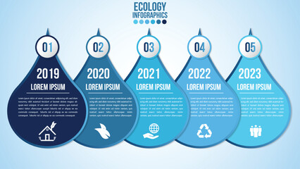 Wall Mural - infographic eco water blue design elements process 5 steps or options parts with drop of water. ecol